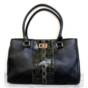 LRG ERICA ANENBERG BLACK GENUINE LEATHER TURN LOCK SATCHEL SHOULDER BAG HANDBAG